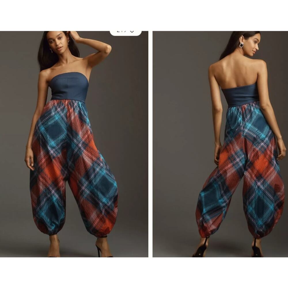 Anthropologie Maeve Gathered Balloon Jumpsuit strapless artsy glam avante garde